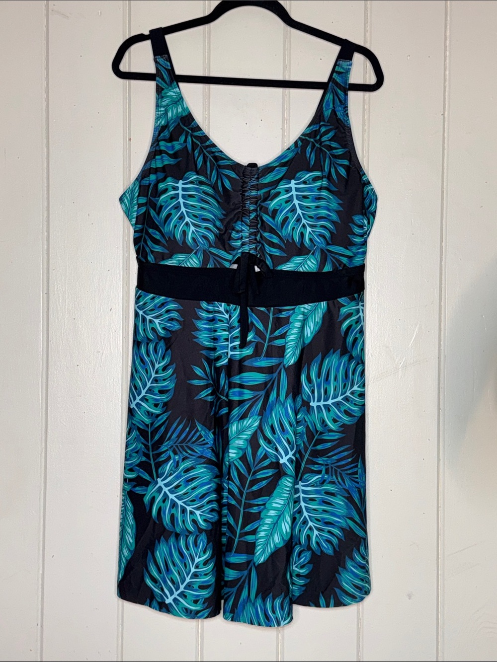 Arolina Tropical Leaf Tank Swimsuit in Teal & Black with swim shorts